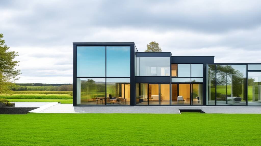 An Irish home boasting energy-efficient windows and doors with a minimalist design. The windows have large panes of glass with slim frames, maximizing natural lighting. The door is a modern composite style in a bold color. The house is equipped with eco-friendly elements, situated in an environment reflecting Ireland's climate.