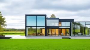 An Irish home boasting energy-efficient windows and doors with a minimalist design. The windows have large panes of glass with slim frames, maximizing natural lighting. The door is a modern composite style in a bold color. The house is equipped with eco-friendly elements, situated in an environment reflecting Ireland's climate.
