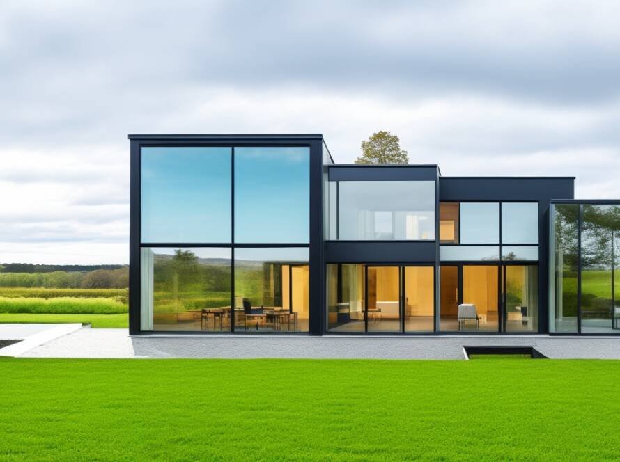 An Irish home boasting energy-efficient windows and doors with a minimalist design. The windows have large panes of glass with slim frames, maximizing natural lighting. The door is a modern composite style in a bold color. The house is equipped with eco-friendly elements, situated in an environment reflecting Ireland's climate.