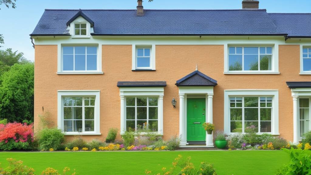 A traditional Irish home facade, showcasing energy-efficient uPVC sash windows, with a focus on shiny double glazing. The home is subtly lit to emulate a warm, comforting interior, highlighting the efficient insulation properties of the windows. Outdoor surroundings hint at a sustainable lifestyle with a flourishing green garden. A family can be seen inside, implying increased comfort due to the new energy-saving features.