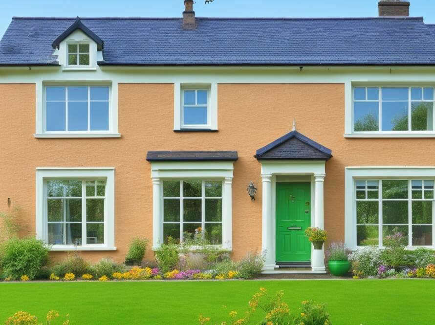 A traditional Irish home facade, showcasing energy-efficient uPVC sash windows, with a focus on shiny double glazing. The home is subtly lit to emulate a warm, comforting interior, highlighting the efficient insulation properties of the windows. Outdoor surroundings hint at a sustainable lifestyle with a flourishing green garden. A family can be seen inside, implying increased comfort due to the new energy-saving features.
