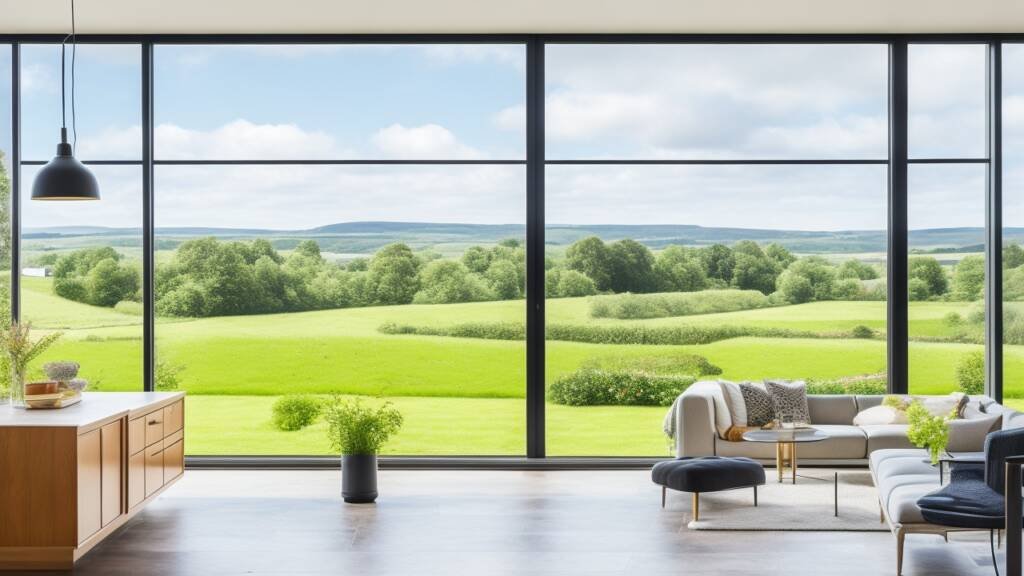 A chic, light-filled Irish home interior showcasing large, energy-efficient sash windows with slim black aluminium profiles and views of a lush outdoor landscape.