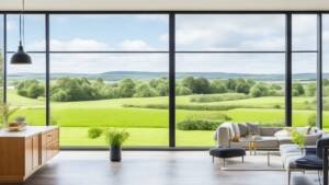 A chic, light-filled Irish home interior showcasing large, energy-efficient sash windows with slim black aluminium profiles and views of a lush outdoor landscape.