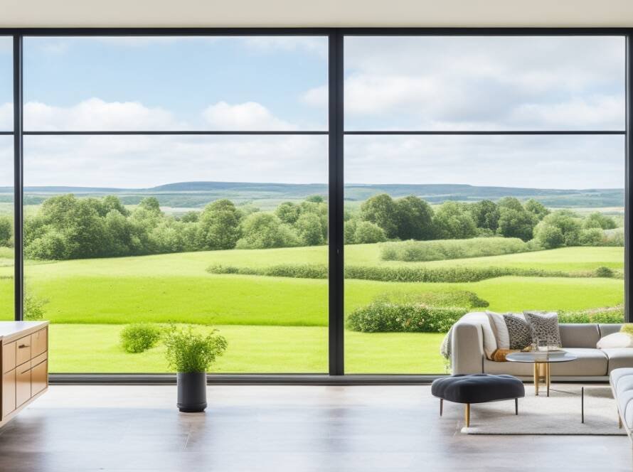 A chic, light-filled Irish home interior showcasing large, energy-efficient sash windows with slim black aluminium profiles and views of a lush outdoor landscape.
